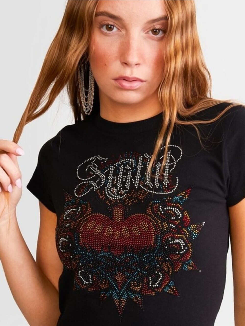 NWT | Sinful By Affliction Endless Rhinestone Heart Cropped T-Shirt | Large